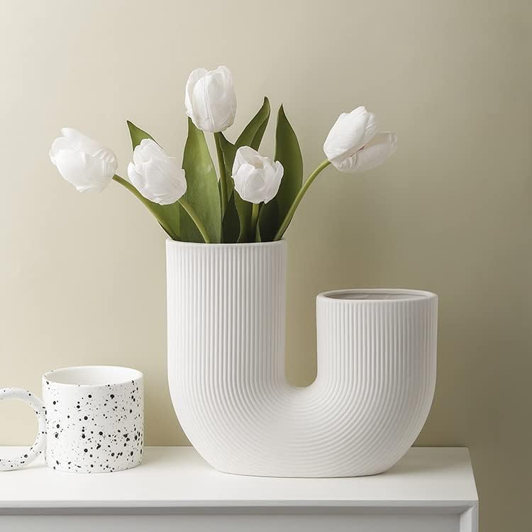 Green U Shaped Ceramic Vase for Flowers, Modern Home Decor, Gift, Entranceway, Dining Table and Bookshelf