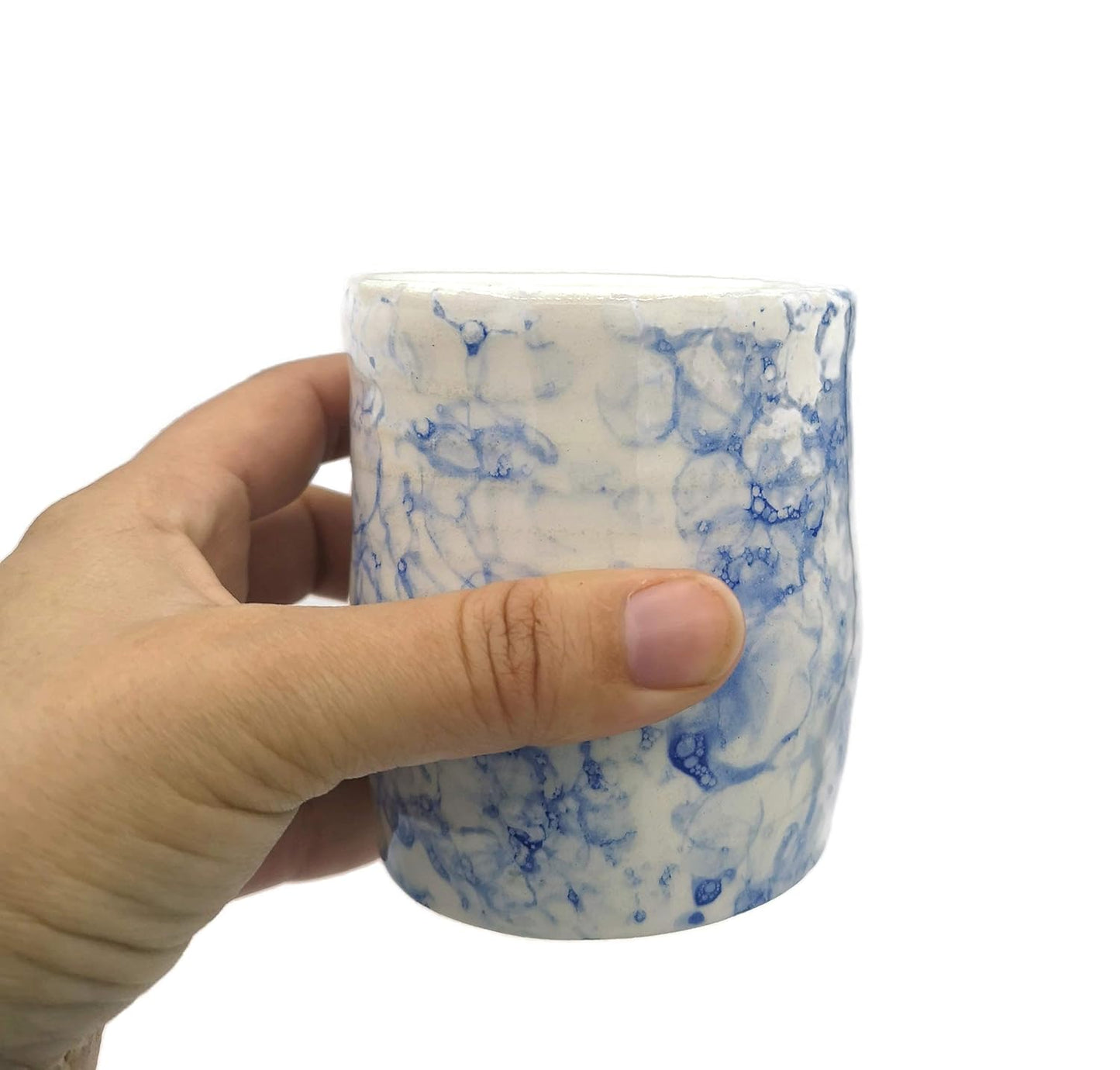 Ceramic Cup no Handle Mug Handmade Pottery, White and Blue for Coffee