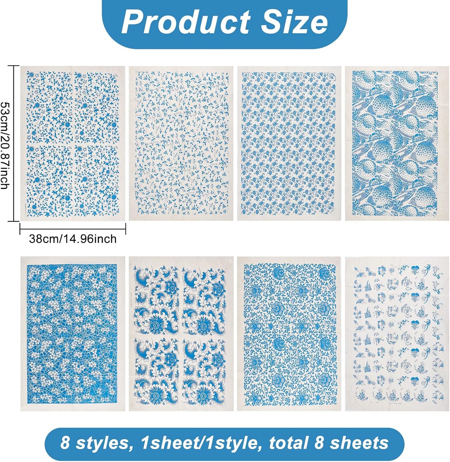 BENECREAT 8 Styles Ceramic Decals Blue and White Porcelain Ceramics Clay Transfer Paper, Pottery Underglaze Flower Paper for Pottery Enamel Decal, 15x21"