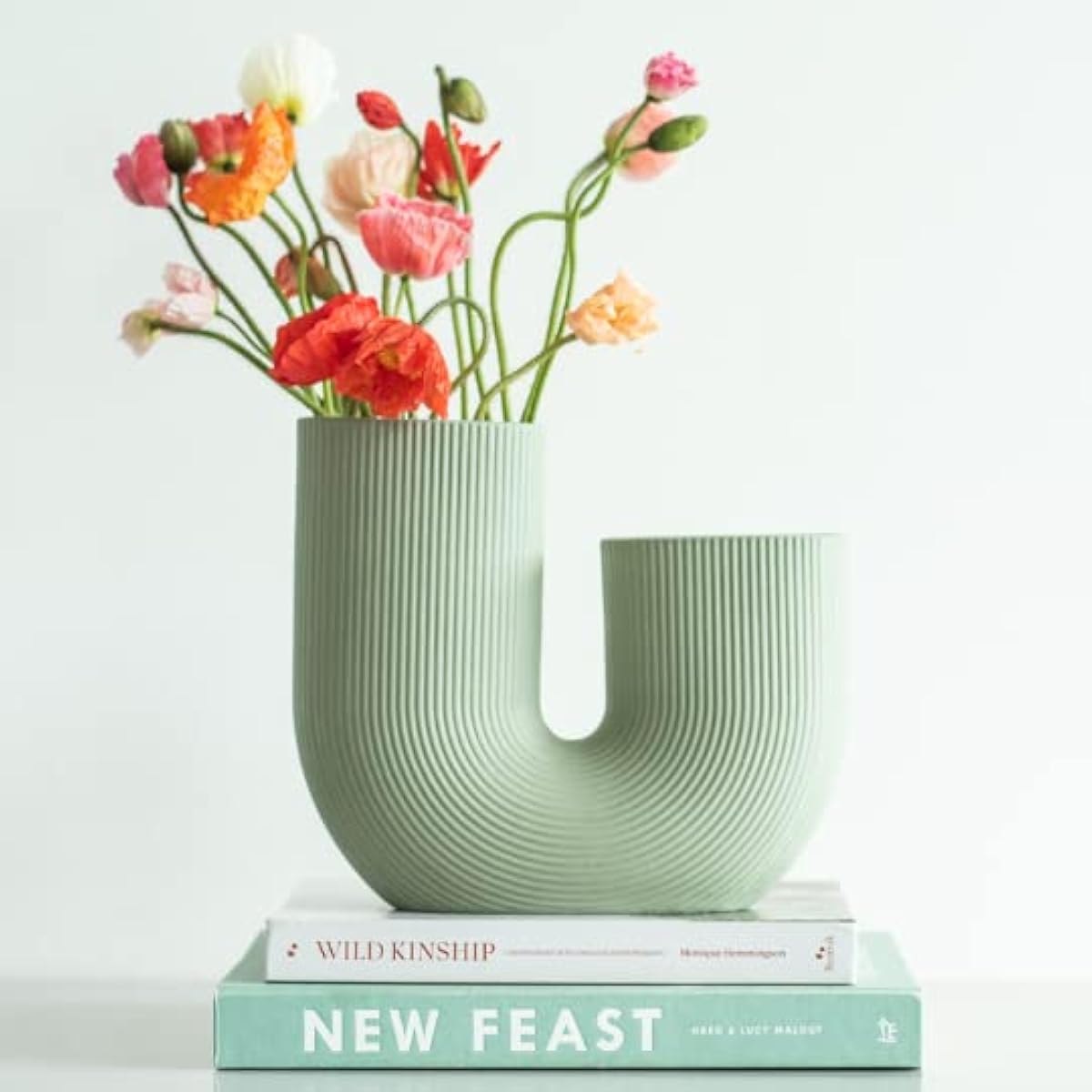 Green U Shaped Ceramic Vase for Flowers, Modern Home Decor, Gift, Entranceway, Dining Table and Bookshelf