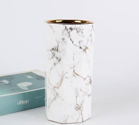 White Gold Finish Marble 10"" Ceramic Flower Vase Home Decor Vase and Table Centerpieces Vase Octagon Modern Clean Minimalist, Noopy10525