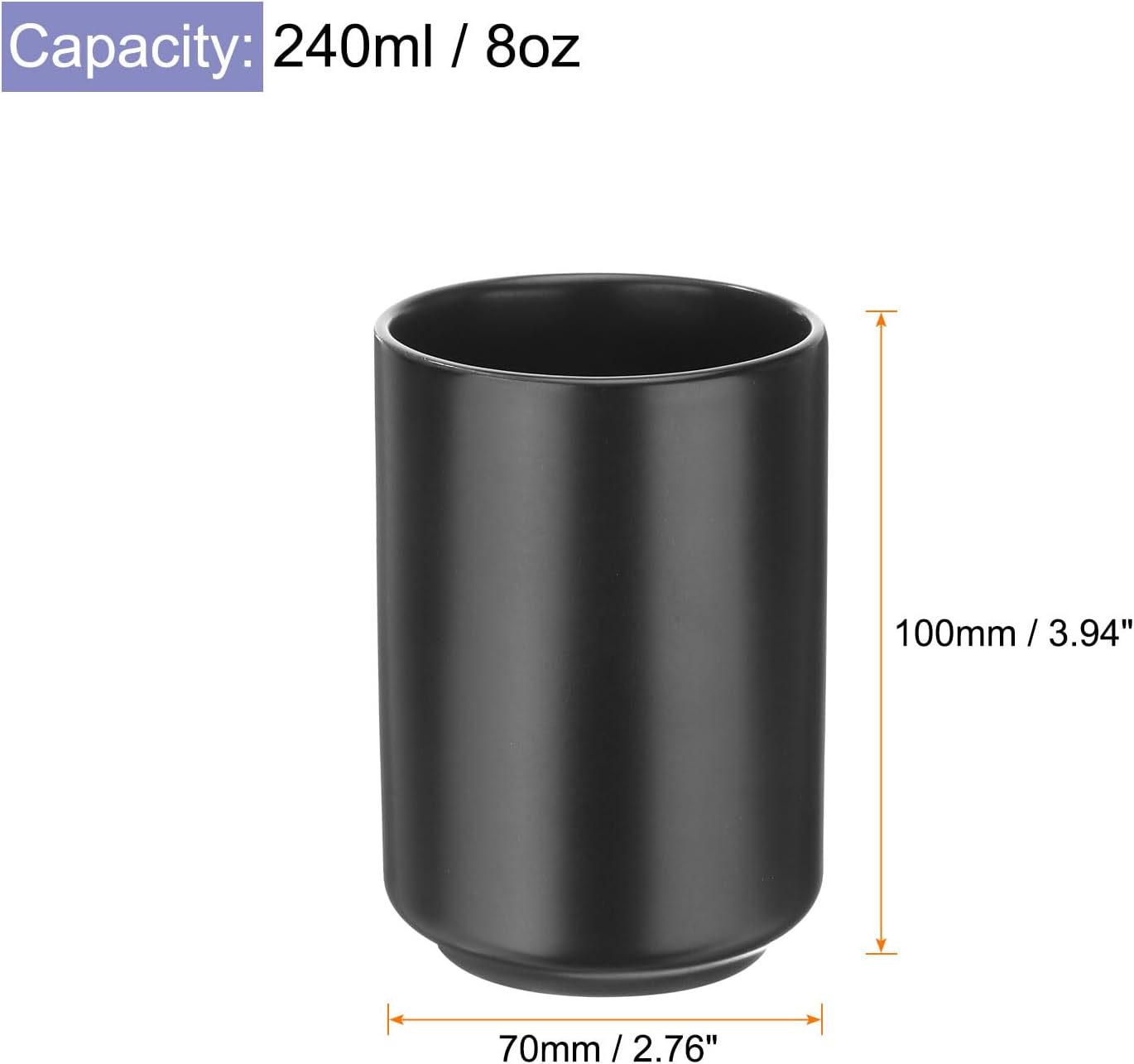 HARFINGTON Japanese Ceramic Tea Cups 8oz / 240ml Simple Solid Color No Handle Ceramic Tea Mugs Matte Glazed Cylindrical Cup for Matcha Tea Wine Black Tea Coffee Drinks, Black