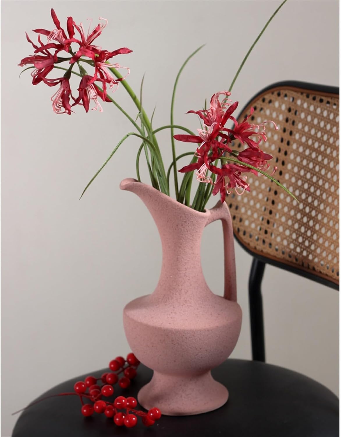 Ceramic Vase Tall with Handle Matte Glazed Pottery Vessel Ceramic Vase for Real or Fake Flowers, Vase for Centerpieces(Pink)