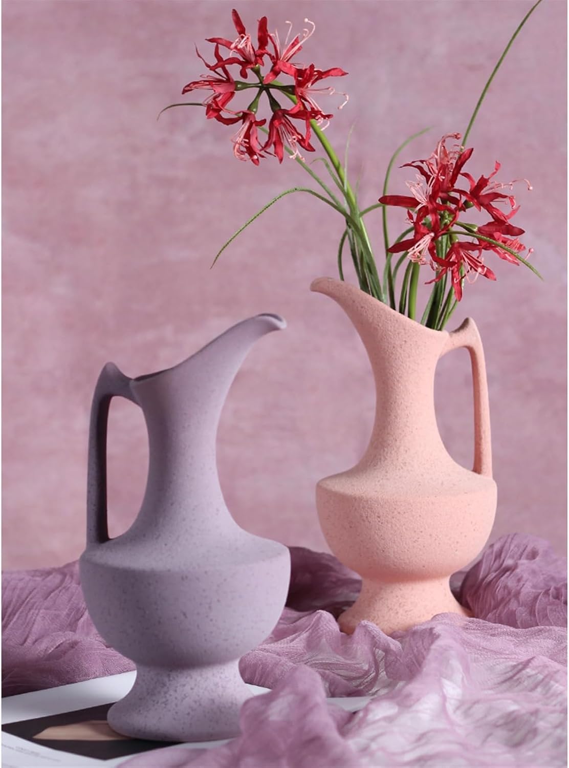 Ceramic Vase Tall with Handle Matte Glazed Pottery Vessel Ceramic Vase for Real or Fake Flowers, Vase for Centerpieces(Pink)