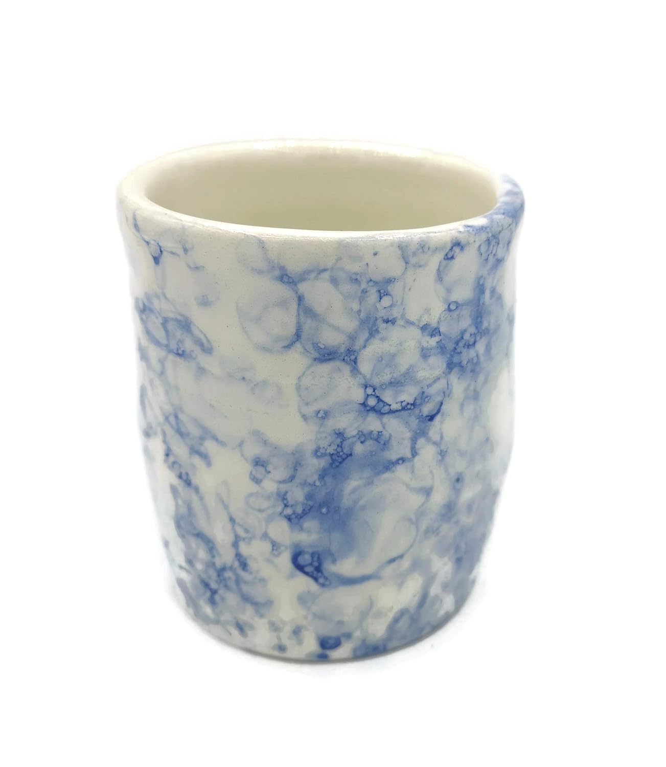 Ceramic Cup no Handle Mug Handmade Pottery, White and Blue for Coffee