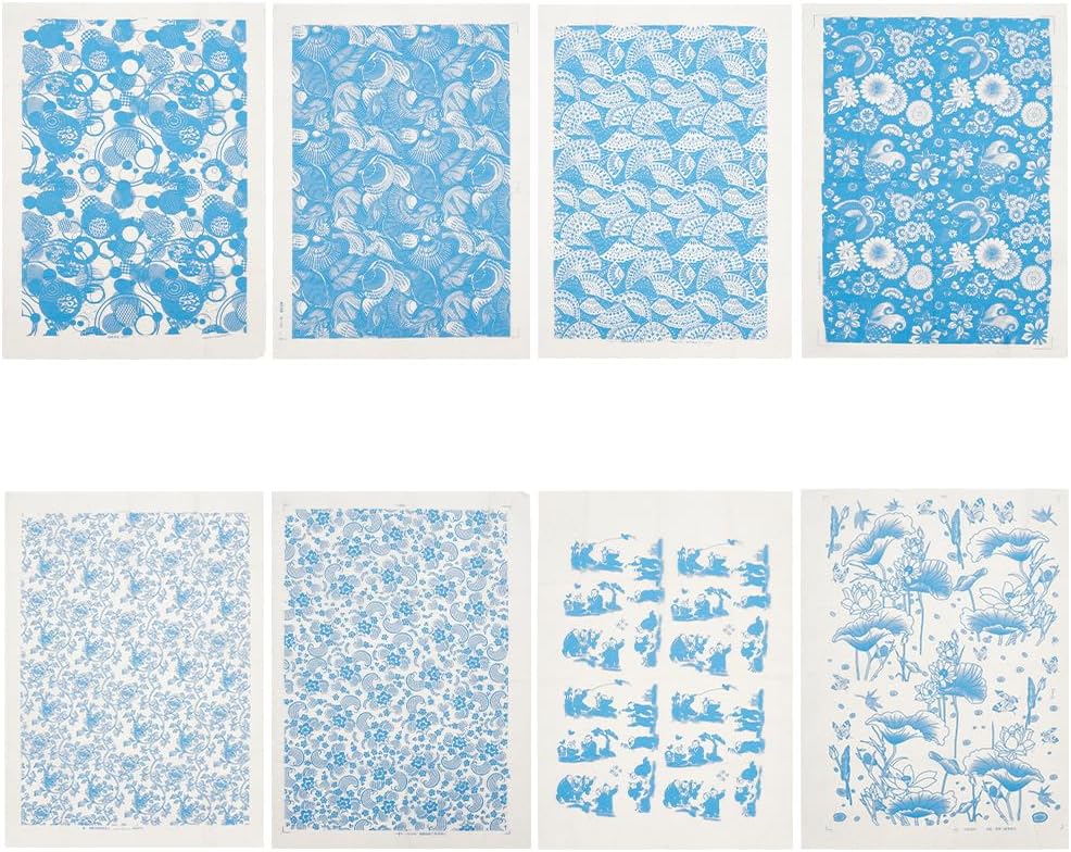 BENECREAT 8 Styles Ceramic Decals Blue and White Porcelain Ceramics Clay Transfer Paper, Pottery Underglaze Flower Paper for Pottery Enamel Decal, 15x21"