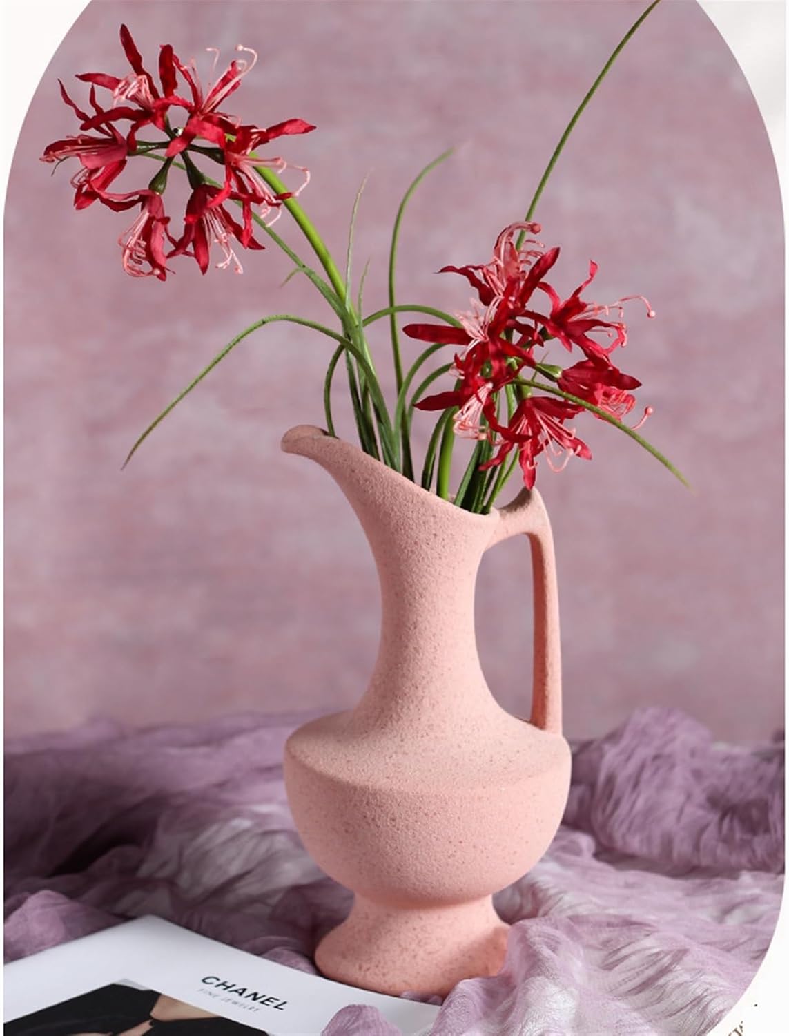 Ceramic Vase Tall with Handle Matte Glazed Pottery Vessel Ceramic Vase for Real or Fake Flowers, Vase for Centerpieces(Pink)