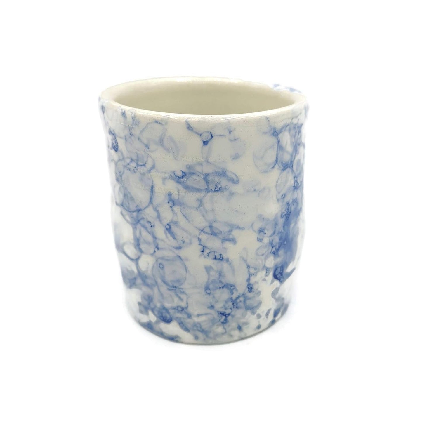 Ceramic Cup no Handle Mug Handmade Pottery, White and Blue for Coffee