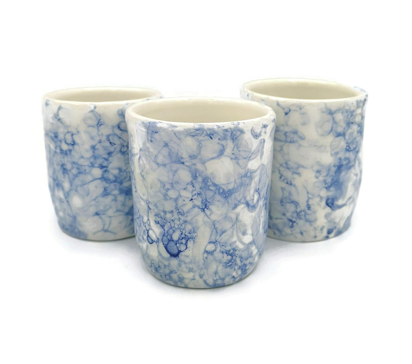 Ceramic Cup no Handle Mug Handmade Pottery, White and Blue for Coffee