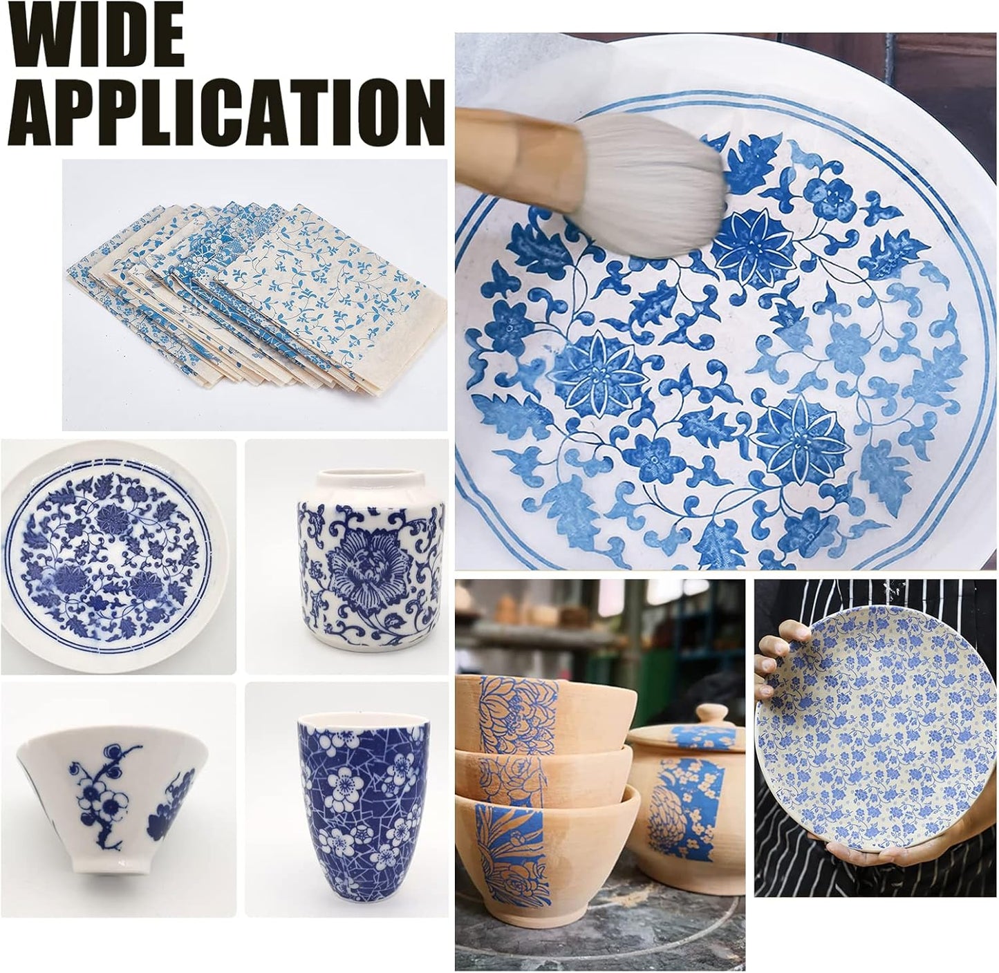 BENECREAT 8 Styles Ceramic Decals Blue and White Porcelain Ceramics Clay Transfer Paper, Pottery Underglaze Flower Paper for Pottery Enamel Decal, 15x21"