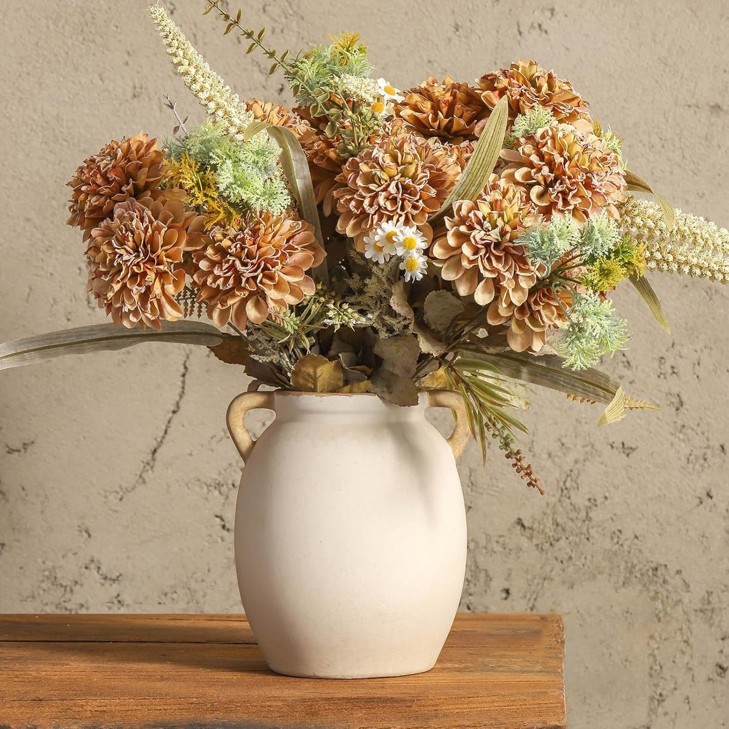 Ceramic Flower Vase 7.6 inch Farmhouse Rustic Vase Decorative Pottery Terracotta Vases for Home Decor Table Mantle Fireplace Living Room Bathroom Wedding Centerpiece (Whitewashed)