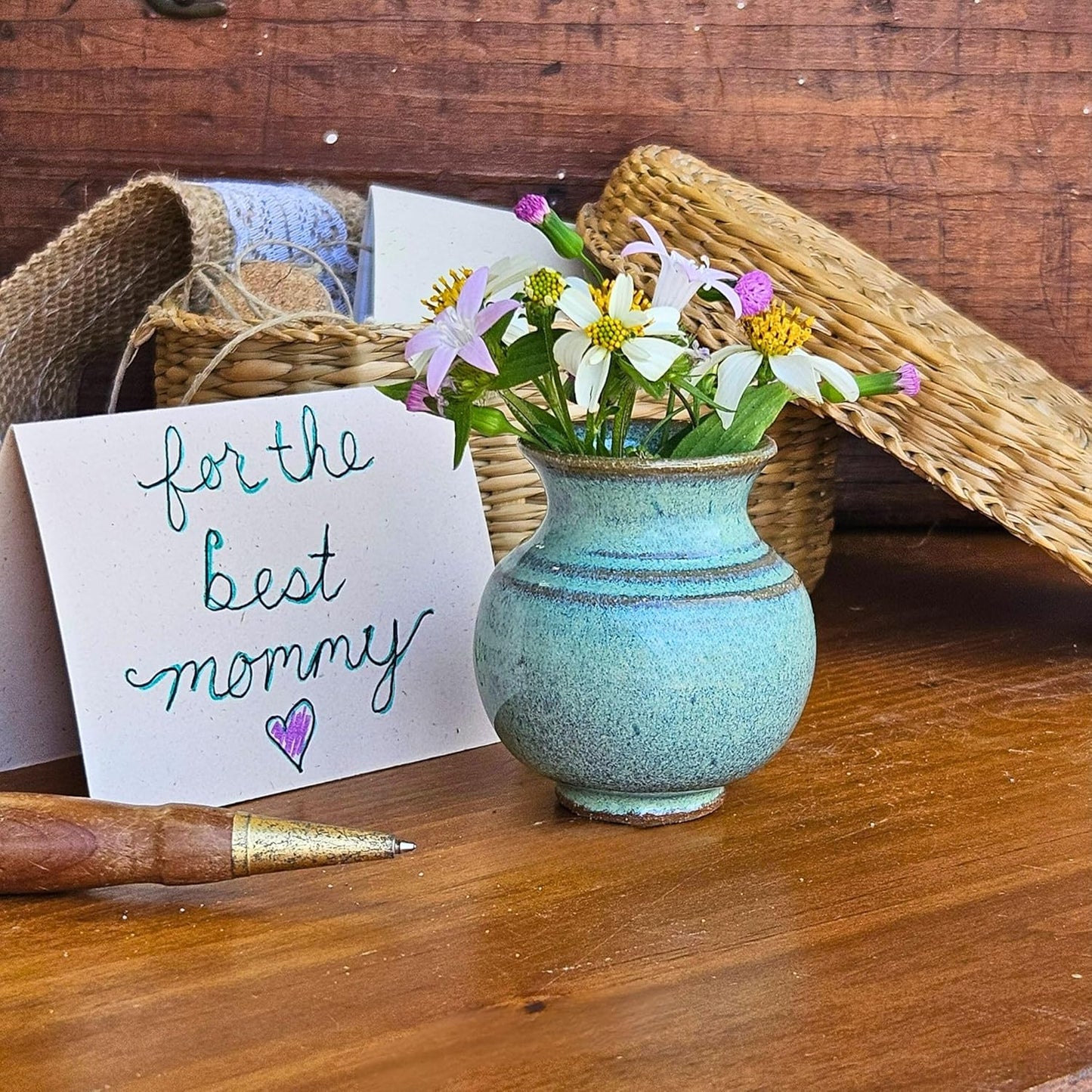 Handmade Dandelion Flower Pot for New Mommy to Be - Miniature Pottery Vase for Baby Shower Favor Presents Green