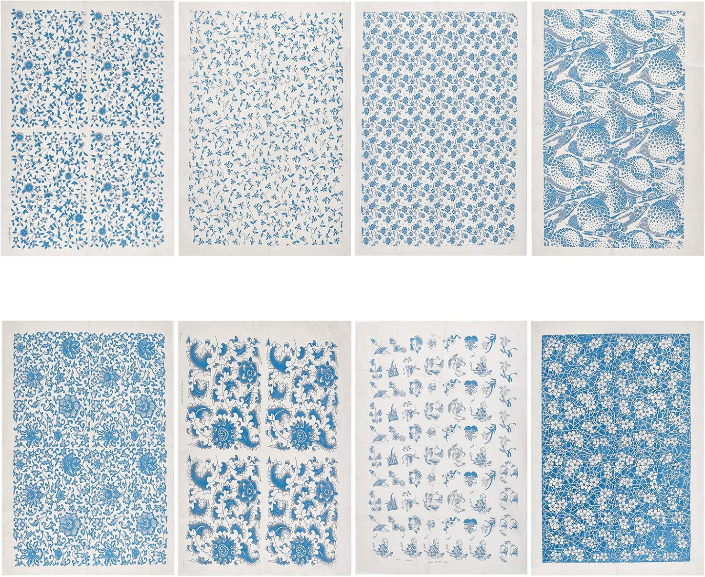 BENECREAT 8 Styles Ceramic Decals Blue and White Porcelain Ceramics Clay Transfer Paper, Pottery Underglaze Flower Paper for Pottery Enamel Decal, 15x21"